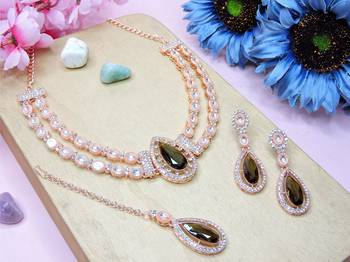 Green rose gold premium designer american diamond and stone work necklace set 1