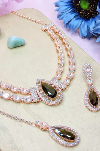 Green rose gold premium designer american diamond and stone work necklace set