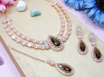 Green rose gold premium designer american diamond and stone work necklace set 2