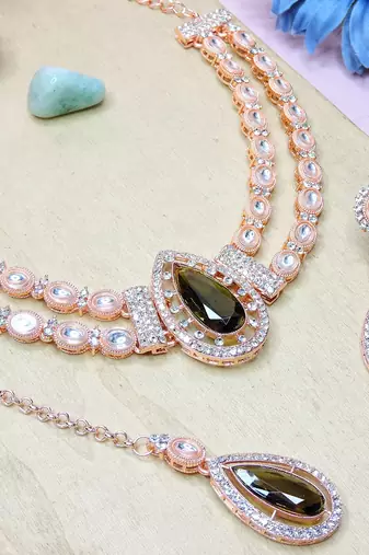 Green rose gold premium designer american diamond and stone work necklace set