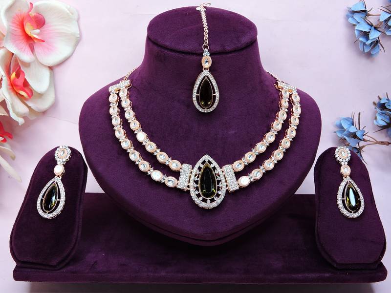 Green rose gold premium designer american diamond and stone work necklace set
