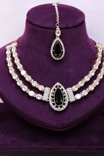 Green rose gold premium designer american diamond and stone work necklace set