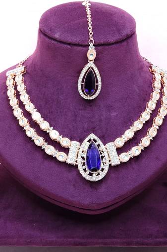 Blue rose gold premium designer american diamond and stone work necklace set