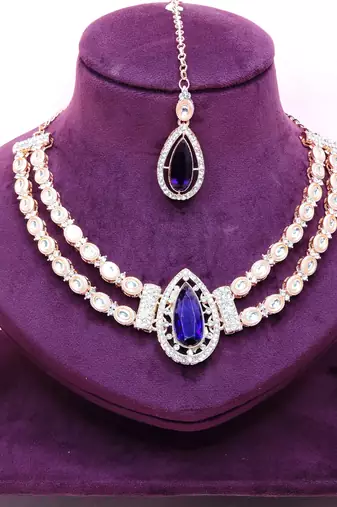 Blue rose gold premium designer american diamond and stone work necklace set