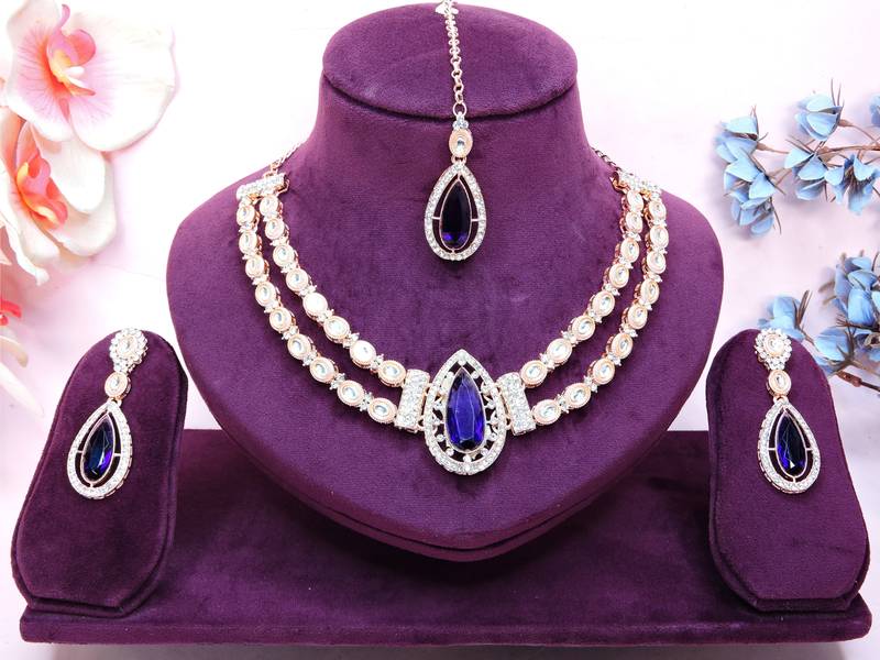 Blue rose gold premium designer american diamond and stone work necklace set