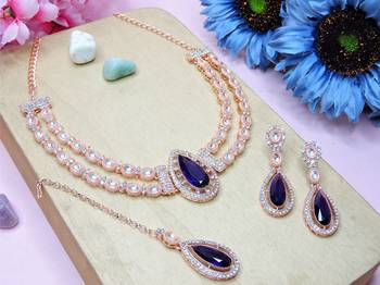 Blue rose gold premium designer american diamond and stone work necklace set 2