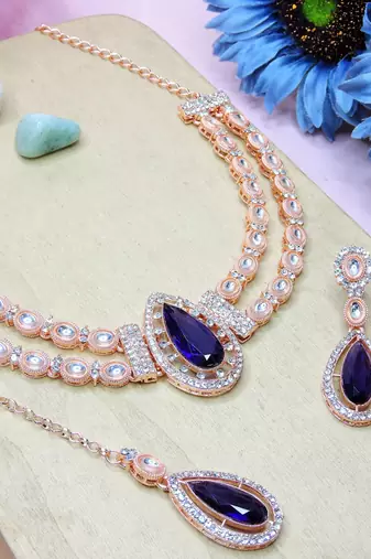 Blue rose gold premium designer american diamond and stone work necklace set
