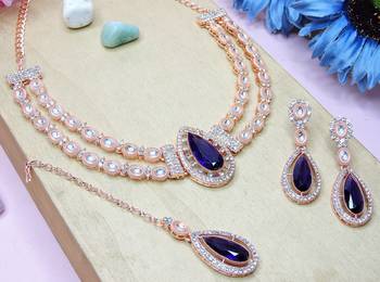 Blue rose gold premium designer american diamond and stone work necklace set 3