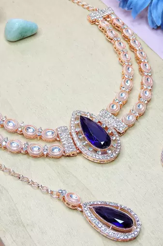 Blue rose gold premium designer american diamond and stone work necklace set