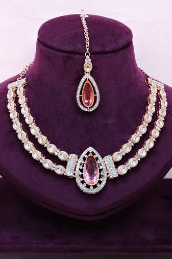 Pink rose gold premium designer american diamond and stone work necklace set