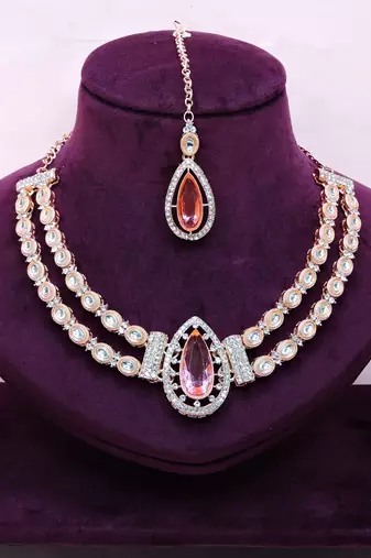 Pink rose gold premium designer american diamond and stone work necklace set