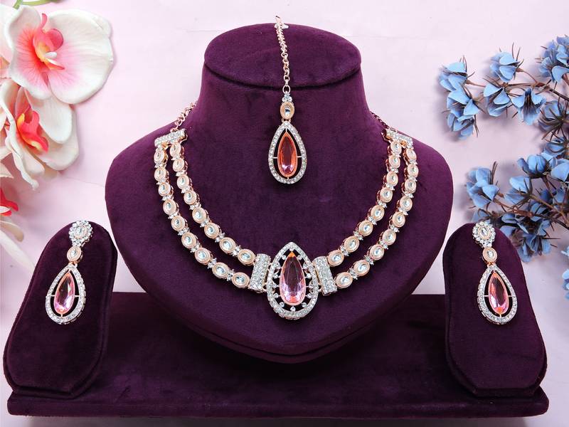 Pink rose gold premium designer american diamond and stone work necklace set
