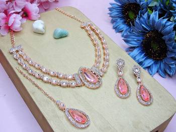 Pink rose gold premium designer american diamond and stone work necklace set 2