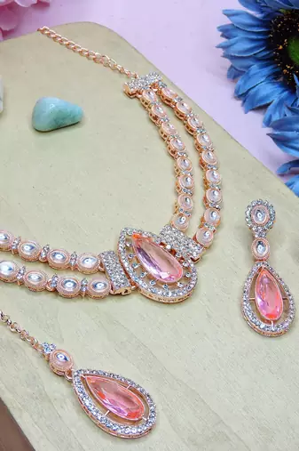 Pink rose gold premium designer american diamond and stone work necklace set