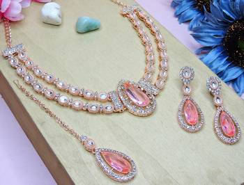 Pink rose gold premium designer american diamond and stone work necklace set 3