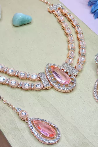Pink rose gold premium designer american diamond and stone work necklace set
