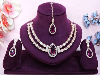 Purple rose gold premium designer american diamond and stone work necklace set 1