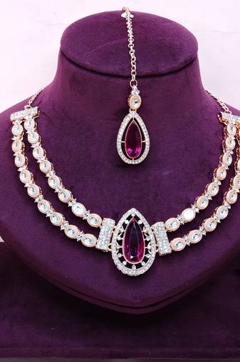Purple rose gold premium designer american diamond and stone work necklace set