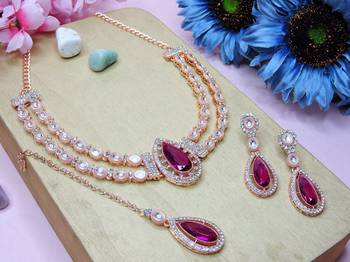 Purple rose gold premium designer american diamond and stone work necklace set 2