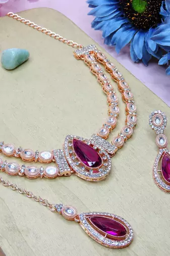 Purple rose gold premium designer american diamond and stone work necklace set
