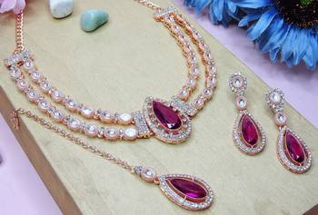 Purple rose gold premium designer american diamond and stone work necklace set 3