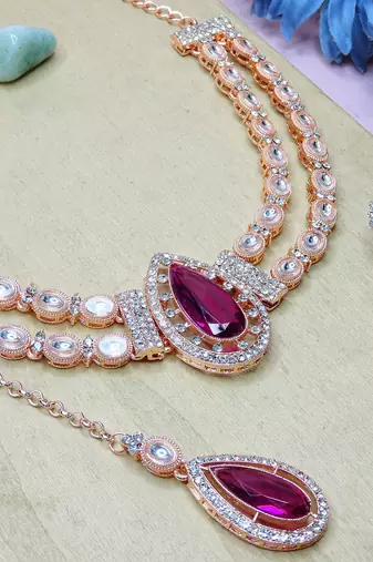 Purple rose gold premium designer american diamond and stone work necklace set