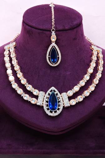 Blue rose gold premium designer american diamond and stone work necklace set
