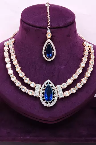 Blue rose gold premium designer american diamond and stone work necklace set