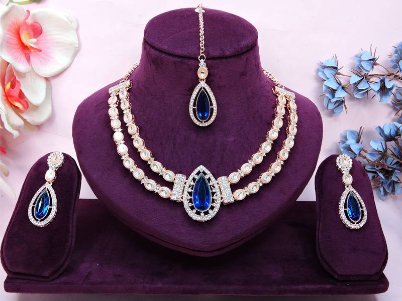 Blue rose gold premium designer american diamond and stone work necklace set