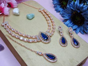 Blue rose gold premium designer american diamond and stone work necklace set 2