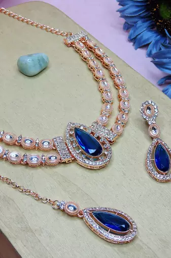 Blue rose gold premium designer american diamond and stone work necklace set
