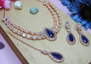 Blue rose gold premium designer american diamond and stone work necklace set 3