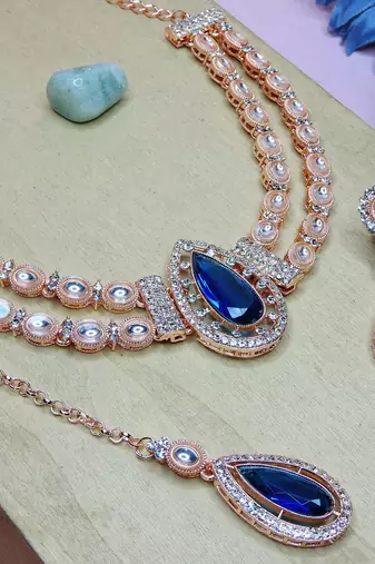 Blue rose gold premium designer american diamond and stone work necklace set