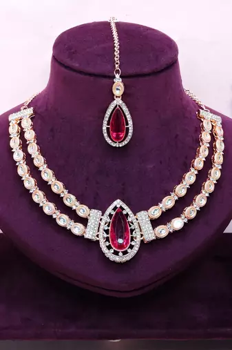 Pink rose gold premium designer american diamond and stone work necklace set