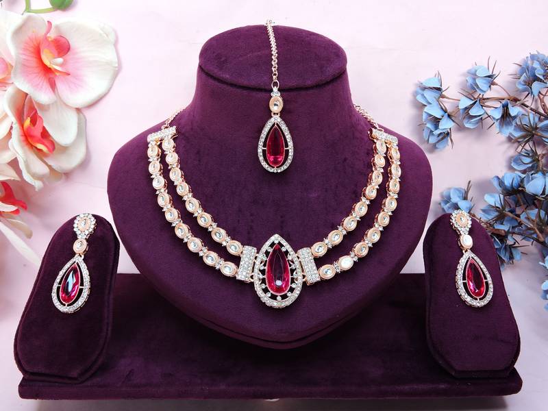 Pink rose gold premium designer american diamond and stone work necklace set