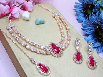 Pink rose gold premium designer american diamond and stone work necklace set 2