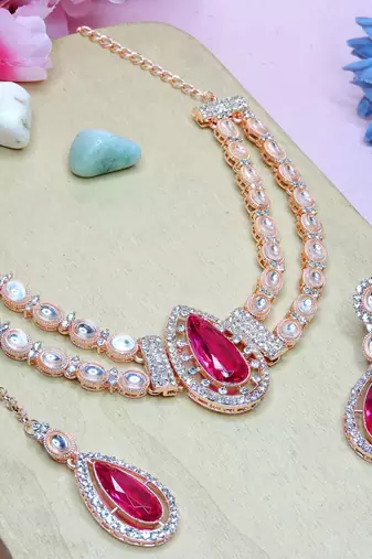 Pink rose gold premium designer american diamond and stone work necklace set
