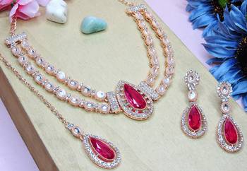 Pink rose gold premium designer american diamond and stone work necklace set 3