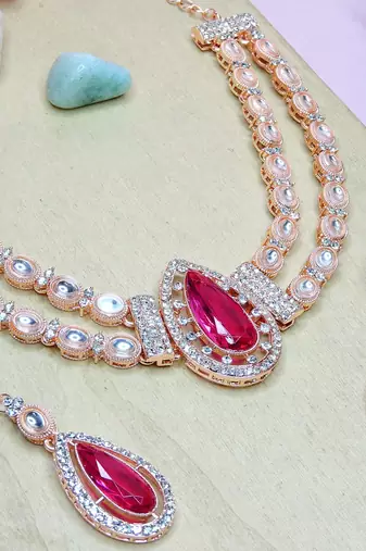 Pink rose gold premium designer american diamond and stone work necklace set