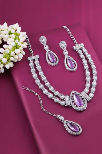 Purple rhodium premium designer american diamond and stone work necklace set