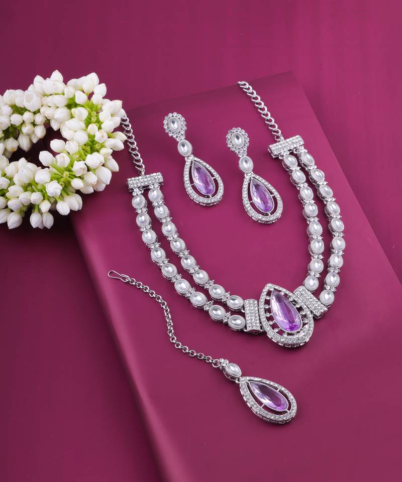 Purple rhodium premium designer american diamond and stone work necklace set