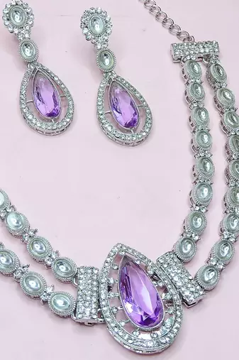 Purple rhodium premium designer american diamond and stone work necklace set