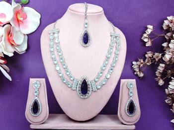 Blue rhodium premium designer american diamond and stone work necklace set 2