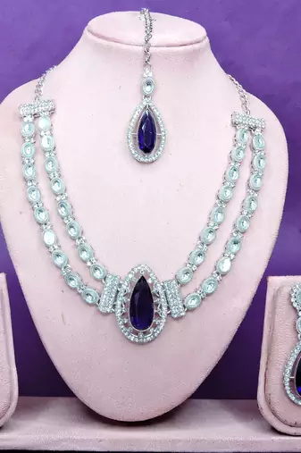 Blue rhodium premium designer american diamond and stone work necklace set