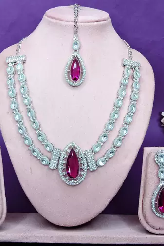 Purple rhodium premium designer american diamond and stone work necklace set