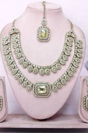 Gold yellow gold premium designer american diamond and stone work necklace set