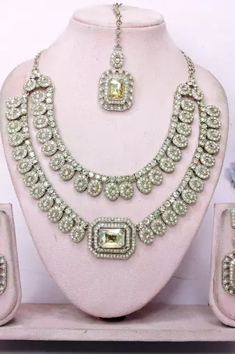 Gold yellow gold premium designer american diamond and stone work necklace set