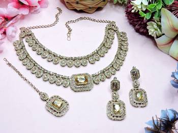 Gold yellow gold premium designer american diamond and stone work necklace set 2