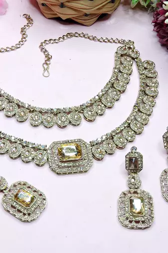 Gold yellow gold premium designer american diamond and stone work necklace set