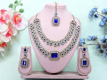 Blue yellow gold premium designer american diamond and stone work necklace set 1